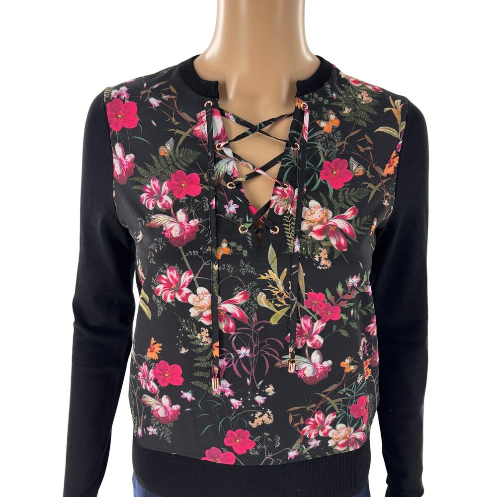 Ted Baker Black Floral Graciiy Lace Up Long Sleeve Sweater - Picture 3 of 9